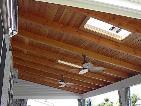 Want to install an outdoor ceiling fan directly to exposed 2x4 on a covered porch - Home Improvement Stack Exchange Gable Roof Porch, Modern Skylights, Stairway Ideas, Exposed Wood Ceilings, Exposed Beams Ceiling, Screened Porch Designs, Exposed Rafters, Porch Ceiling, Porch Roof