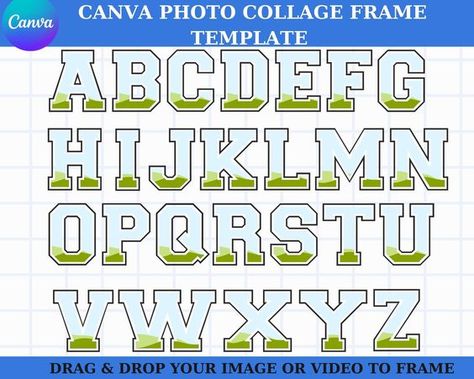 Canva Frame Template - Letters Alphabet Blank Transparent Varsity Font School Sports University Design Fill Editable Digital File Canva Alphabet, Canva Project, University Design, Alphabet Frames, Varsity Font, Birthday Photo Collage, Digital Alphabet, Birthday Collage, Letters Alphabet