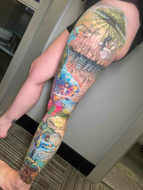 My Leg Sleeve! -  #Leg #Sleeve Avatar Sleeve Tattoo, Avatar The Last Airbender Sleeve Tattoo, Legend Of Korra Tattoo Ideas, The Legend Of Korra Tattoo, Avatar Korra Tattoo, Avatar Inspired Tattoos, Atla Tattoo The Last Airbender, Small Atla Tattoo, Uncle Iroh Tattoo Ideas