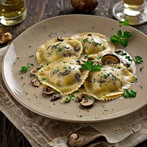 Mushroom and Truffle Ravioli with Porcini Cream Sauce Recipe Mushroom Sauce Ravioli, Truffle Mushroom Ravioli, Truffle Recipe Mushroom, Truffle Ravioli Recipe, Ravioli Aesthetic, Wedding Pasta, Truffle Ravioli, Cooking Techniques Basic, Ranch Recipes