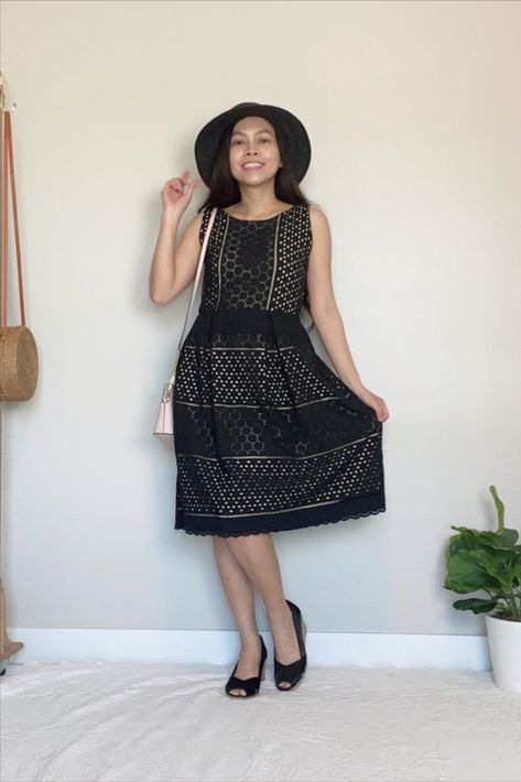 Eyelet Dress Outfit Classy, Eyelet Dress Outfit, Light Pink Bag, Sewing Summer Dresses, Box Pleated Dress, Black Eyelet Dress, Dress Sew, Black Straw Hat, Classy Summer Outfits