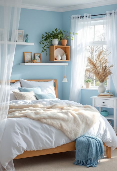 Blue Boho Girls Bedroom Blue Bedroom Teenage Girl, Teen Girl Bedrooms Blue, Calming Blue Bedroom Walls, Light Blue Wall Bedroom, Girls Bedroom Ideas Blue, Light Blue And Gold Bedroom, Light Blue Girls Bedroom, Girls Blue Bedroom Ideas, Light Blue Bedroom Aesthetic