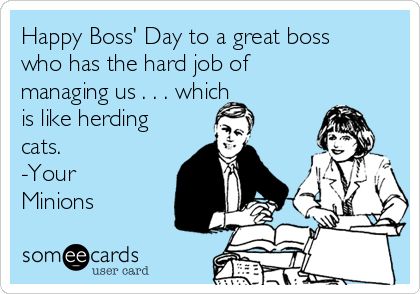 Happy Boss' Day to a great boss who has the hard job of managing us . . . which is like herding cats. -Your Minions | Boss's Day Ecard Appreciation Quotes For Boss, Boss Day Memes, Happy Boss's Day Quotes, Boss Day Messages, Boss Day Quotes, Rotten Cards, Bosses Day Cards, Company Motto, Manager Humor