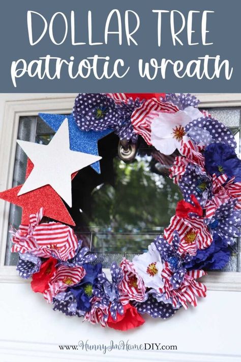 Quick & Easy DIY Dollar Tree 4th of July Wreath 4th Of July Wreaths For Front Door, Dollar Tree 4th Of July Wreath, Dollar Tree Patriotic Wreath, Red White And Blue Wreaths, Dollar Tree Patriotic Crafts, Dollar Tree Flowers, Patriotic Flowers, 4th July Crafts, Star Decor