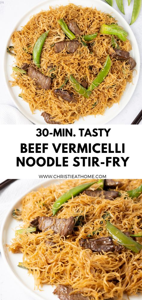 30-min. CHINESE BEEF NOODLE STIR-FRY What To Make With Vermicelli Noodles, Beef Stir Fry Rice Noodles, Vercimilli Rice Noodles Recipes, Asian Egg Noodle Recipes Stir Fry, Beef Rice Noodle Recipes, What Can I Make With Rice Noodles, Ground Beef Vermicelli Recipes, Beef Rice Noodle Stir Fry, Beef Vermicelli Recipes