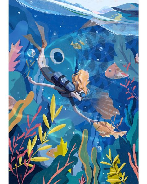 Ran Zheng // Tracy on Instagram: “🐟🐠🐡” Ocean Illustration, Sea Illustration, Underwater Scene, American Illustration, Communication Art, Design Textile, Simple Illustration, Ocean Art, Children's Book Illustration