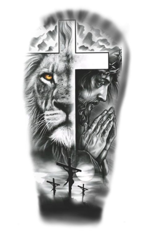 Christian Tattoo Designs Men, Jesus Lion Tattoo, Christus Tattoo, Jesus Tattoo Design, Leg Sleeve Tattoos, Lion Art Tattoo, Leg Tattoo Ideas, Cupid Tattoo, Praying Hands Tattoo