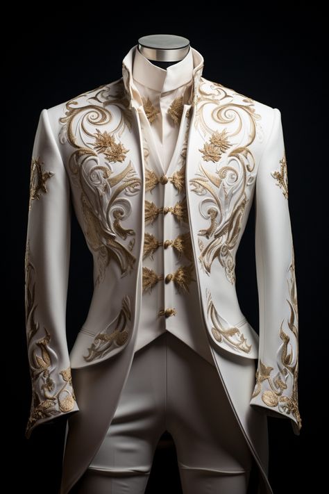 White And Gold Prince Outfit, Prince Dress For Men, Fairytale Suit, Fairytale Outfits Men, Fantasy Suit Design, Fantasy Wedding Suit, Prince Wedding Suit, Royal Suits For Men, White And Gold Suit