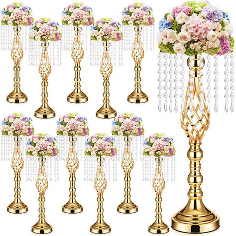 PRICES MAY VARY. Package Contents: you will receive 12 pieces of tall vases for centerpieces, 49 cm/19.3 inches in height, top disc diameter is 20 cm/7.87 inches, base diameter is 14 cm/ 5.51 inches, excluding artificial flowers, suitable for housewarming or wedding gift Quality Material: our crystal flower stand is made of quality zinc alloy decorated with acrylic beads, metallic texture and elegant surface, making it exquisite, which can be applied for a long time; Note: the color between gold Quince Centerpieces, Wedding Party Reception, Banquet Centerpieces, Gold Wedding Centerpieces, Tall Flower Vase, Flower Holders, Pastel Baby Shower, Pink Party Decorations, Party Reception