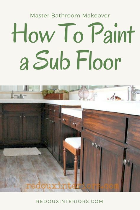 Master Bathroom Makeover How to paint a sub floor Hardwood Floors In Bathroom, Painted Hardwood Floors, Epoxy Floor Paint, Zero Budget, Faux Wood Flooring, You Got That, Old Drawers, Small Mason Jars, Epoxy Floor