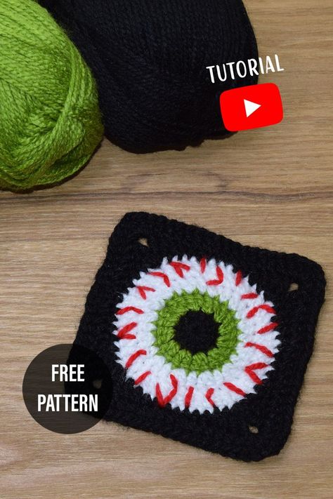 Eyeball Granny Square Pattern Free, Crochet Eye Granny Square Free Pattern, Eyeball Crochet Granny Square, Eyeball Granny Square Pattern, Horror Granny Square, Crochet Halloween Granny Square Patterns Free, Eyeball Crochet Pattern, Witchy Crochet Granny Square, Free Halloween Granny Square