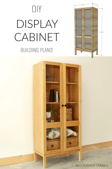 Build a DIY display cabinet with drawer using these building plans and video! Step by step instructions, tips & tricks to build it yourself Diy Display Cabinet How To Build, Diy Glass Display Cabinet, Diy China Cabinet Build, Liquor Display Cabinet, Cabinet Diy Build, Diy Curio Cabinet, Cabinet Building Plans, Diy Glass Cabinet Doors, Drawer Building