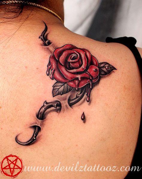 Old New School Rose Thorns Tattoo Rose Thorn Tattoo, Cosmetology Tattoos, 3d Rose Tattoo, Rose Vine Tattoos, Blood Tattoo, Thorn Tattoo, Realistic Rose Tattoo, Gallery Tattoo, Rose Drawing Tattoo