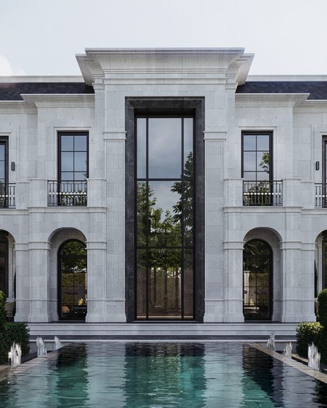 New Classic Architecture Building, New Classic Villa Exterior Design, Neo Classic Villa Exterior, Modern Neoclassical Architecture, Neoclassical Exterior, Classical Mansion, Modern Classical Architecture, Villa Facade Design, Classical Architecture House