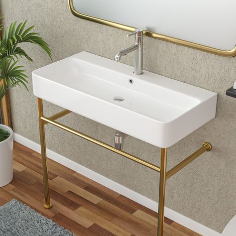 Lordear 35" Tall 32''L X 17''W Ceramic Rectangular Console Bathroom Sink With Overflow | Wayfair Console Bathroom Sink, Pedestal Bathroom Sink, Rectangular Sink Bathroom, Small Bathroom Sinks, Stainless Sink, Console Sink, Porcelain Sink, Wall Mounted Bathroom Sink, Stainless Steel Legs