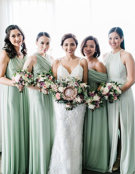 A Romantic Church Wedding with Shades of Green and Old Rose | https://brideandbreakfast.ph/2018/01/19/a-romantic-church-wedding-with-shades-of-green-and-old-rose/ Old Rose And Sage Green Wedding, Green Ombre Bridesmaid Dresses, Shades Of Green Wedding, Party Dress Backless, Yellow Prom Dresses, Wheat Wedding, Filipino Wedding, Yellow Prom, Olive Wedding