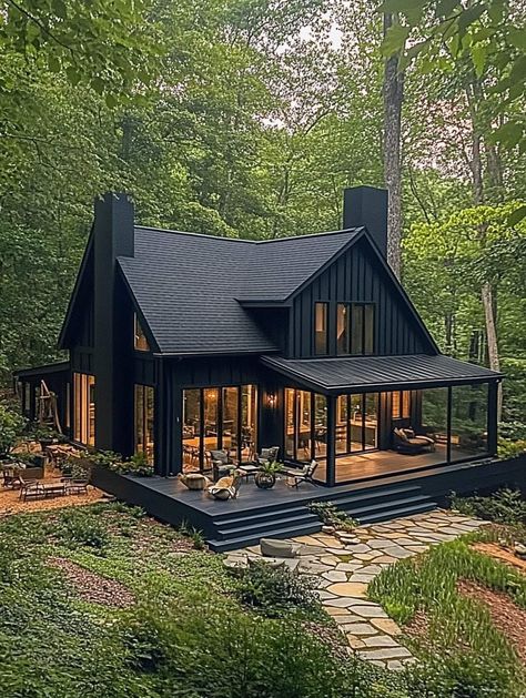 Mountain Style Homes, Rustic Home Exterior, Hut House, Tiny House Community, Cabin Exterior, Dark House, Modern Farmhouse Exterior, A Frame House, Cabin Style