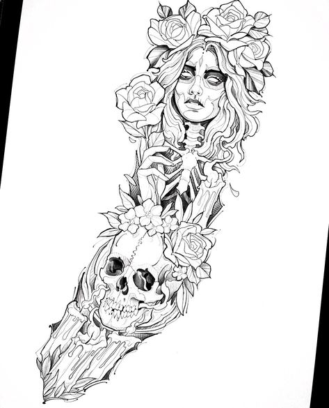 Leg Tattoo Outline, Gotik Tattoo, Fantasy Tattoo, Gothic Tattoos, Skull Girl Tattoo, Ink Therapy, Skull Sleeve, Tattoo Outline Drawing, Clever Tattoos