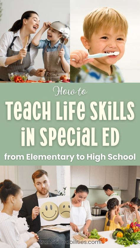 Teaching Life Skills in Special Ed Classroom from Elementary On	How to Teach Life Skills in Special Ed from Elementary to High School Work Skills For Special Ed, Daily Living Skills For Special Needs, Functional Skills Special Education, Life Skills Activities For Special Needs, Life Skills Activities For Kids, Functional Life Skills Special Education, Life Skills For Kids, Special Education Life Skills, High School Special Education Classroom