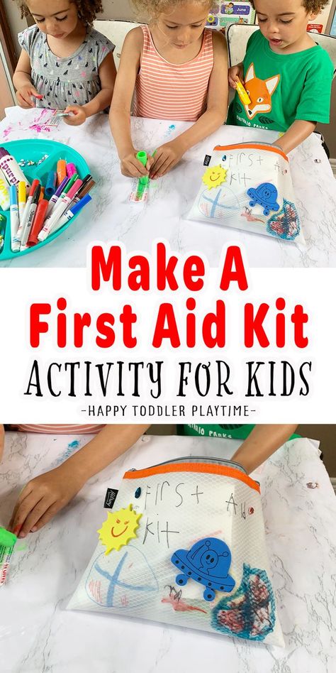 Make a First Aid Kit is an easy activity for kids of all ages and a great way to help prepare for summer adventures and misadventures. Easy Summer Activities, Safety Lesson Plans, Playdate Ideas, Prepare For Summer, Summer Crafts For Toddlers, Summer Activities For Toddlers, First Aid For Kids, Cousin Camp, Kids Obstacle Course