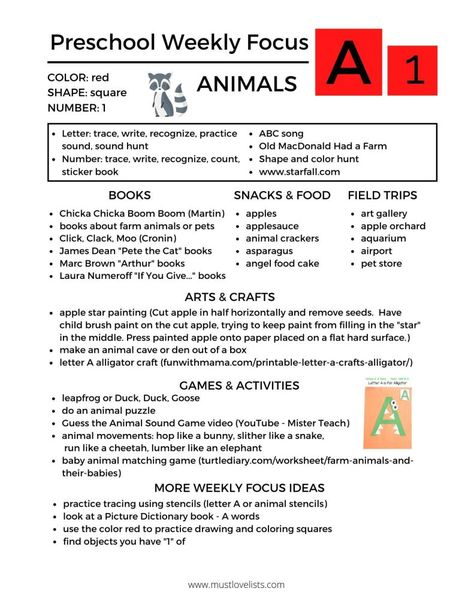 Print your one-page weekly preschool plan with a weekly letter, number, shape, color, and theme. Book, snack, field, trip, and craft suggestions + printables! #preschoollearning #preschoolfun #preschoolcurriculum #letteroftheweek Preschool Weekly Schedule, Abc Week Preschool, Weekly Letter Activities, Letter A Weekly Lesson Plan, Pre K Weekly Lesson Plans, Letter Number Color Shape Of The Week, Letter A Lesson Plans Preschool, Language And Literacy Activity Preschool Lesson Plan, Preschool Themes Weekly