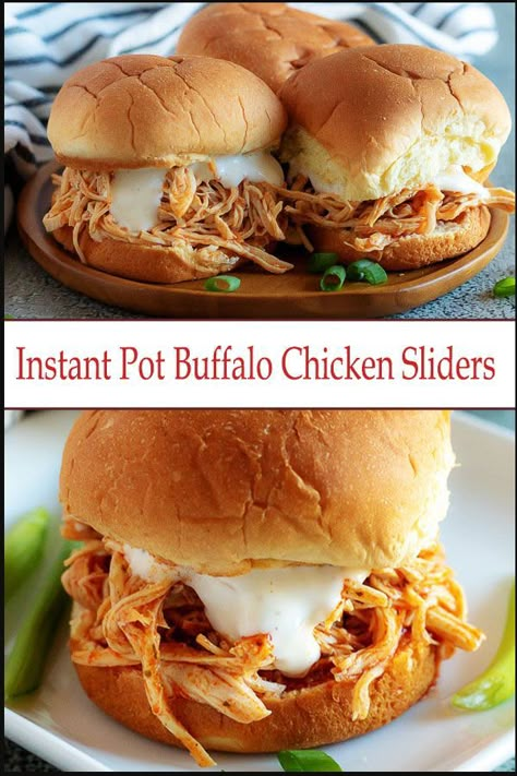 Instant Pot Buffalo Chicken sliders are a great game day or party appetizer or easy chicken sandwich dinner #buffalochicken #chicken #sliders #instantpot #recipes Easy Chicken Sandwich, Buffalo Chicken Sliders Recipes, Instant Pot Buffalo Chicken, Sliders Recipes Chicken, Buffalo Chicken Sliders, Chicken Sliders, Slider Recipes, Party Appetizers, Instant Pot Dinner Recipes