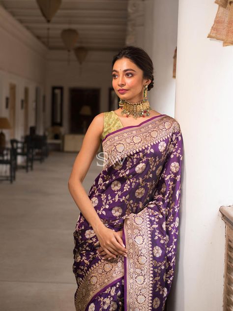 Traditional Banarasi Sarees - Buy Traditional Banarasi Sarees Online - Sacred Weaves Meenakari Saree, Banaras Sarees, Purple Saree, Fashion Vibes, Saree Trends, Katan Silk, Anushka Sharma, Wedding Saree, Banarasi Saree