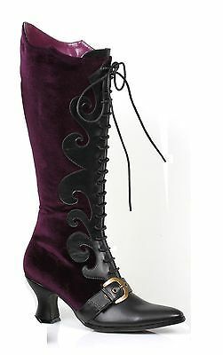 Full inside zipper and adjustable laces. Manufacturer's International Shoe Size Conversion Chart. Available sizes : US Woman's sizes 6, 7, 8, 9, 10. Steampunk Boots, Pirate Boots, Victorian Boots, Witch Shoes, Witch Boots, Purple Boots, Ellie Shoes, Witch Fashion, Velvet Boots