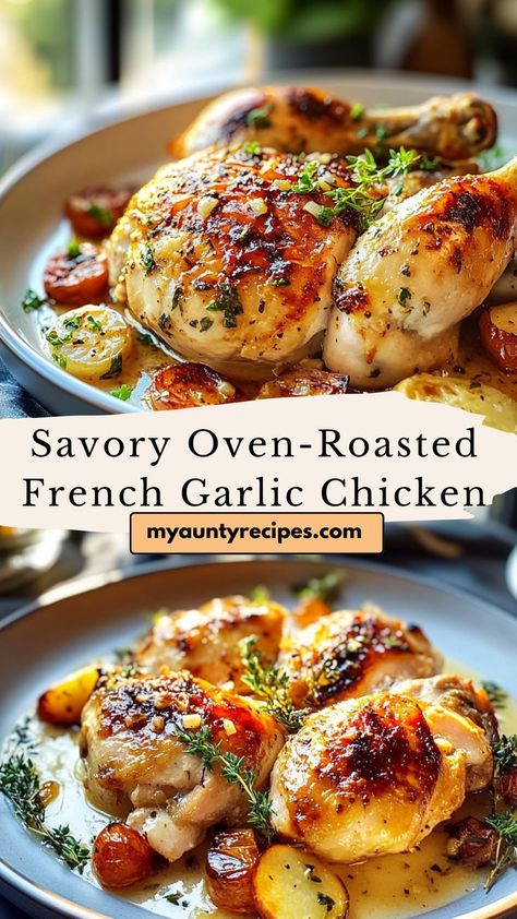 Enjoy the rich taste of French cuisine with this Oven-Roasted Garlic Chicken! With golden, crispy skin and juicy meat, it’s a savory dish that’s easy to prepare and perfect for fall dinner ideas or any cozy night. Roast Chicken Thigh Recipes, Garlic Roasted Chicken, French Chicken Recipes, Crispy Roasted Chicken, French Cuisine Recipes, Roasting Garlic In Oven, Best Roasted Chicken, Roasted Chicken Recipe, Fall Dinner Ideas