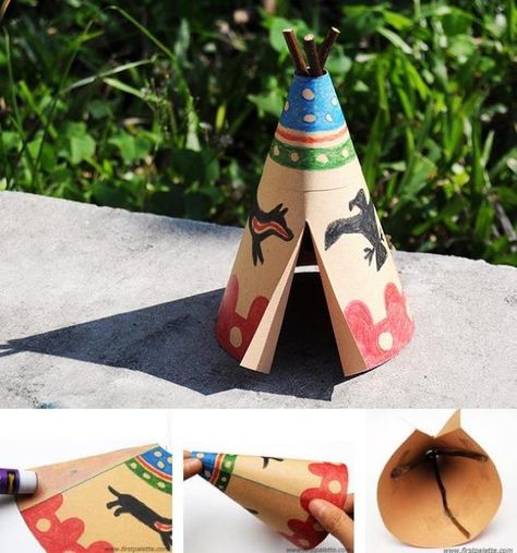 Easy-To-Build Native American Teepee Papercraft For Kids by First Pallete Tepee Craft Preschool, Native American Teepee Craft, Tipi Project For School, How To Make A Teepee For School Project, Teepee Project For School, Native American Teepee Project, Native American Houses Project, Native American Homes Project For Kids, Native American School Project Ideas