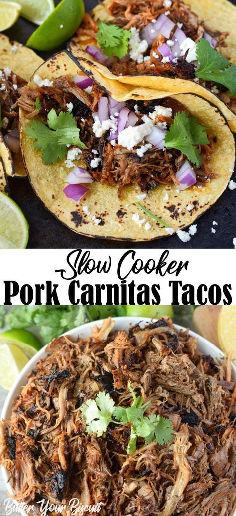 Slow Cooker Pork Carnitas Tacos recipe has loads of flavor and simple melts in your mouth. Hands down one of the best taco fillings ever! #tacos #porkcarnitas #carnitas #slowcookercarnitas #mexicanfood Carnitas Crockpot, Carnitas Tacos Recipe, Slow Cooker Pork Carnitas, Pork Carnitas Tacos, Slow Cooker Carnitas, Pork Carnitas Slow Cooker, Carnitas Tacos, Tacos Burritos, Pork Carnitas