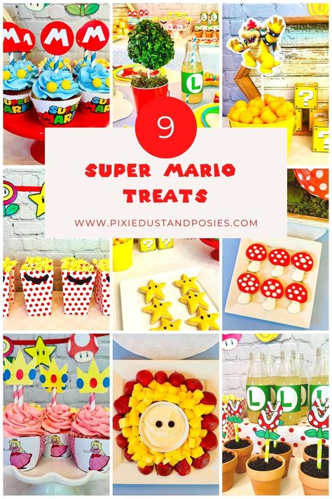 Mario Bros Movie Night, Mario Movie Night Ideas, Super Mario Inspired Food, Super Mario Bros Birthday Party Food, Mario Brothers Party Food, Super Mario Bros Snack Ideas, Food Ideas For Mario Party, Super Mario Brothers Party Food, Mario Bros Birthday Party Ideas Food