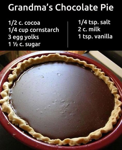 This recipe does not have meringue on it. You could make the meringue if you want. Mix cocoa, cornstarch, beaten egg yolks; sugar and salt and vanilla, then add milk gradually, while stirring in a pot over med-high heat. Cook until thick, beating it smooth. Pour into a pre-baked pie shell. Put in the fridge to chill. Grandma's Chocolate Pie, Homemade Chocolate Pie, Tart Pie, Chocolate Pie Recipes, Postre Keto, Chocolate Pie, Egg Yolks, Chocolate Pies, Delicious Pies