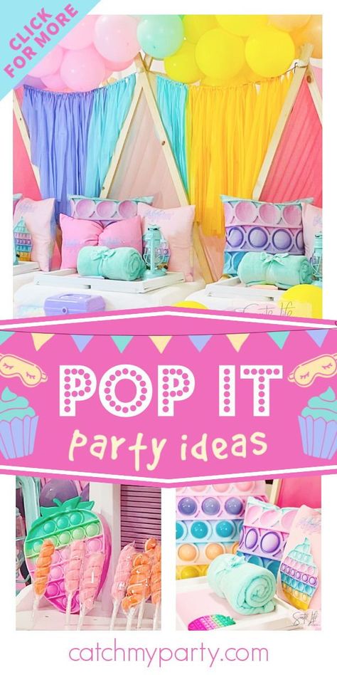 Poppet Birthday Party Ideas, Pop It Party Games, Pop It Party Decorations, Sixth Birthday Girl Party Ideas, Sixth Birthday Party Ideas, Pop It Themed Birthday Party, Pop It Birthday Party Theme, Pop It Party Ideas, Girls 6th Birthday