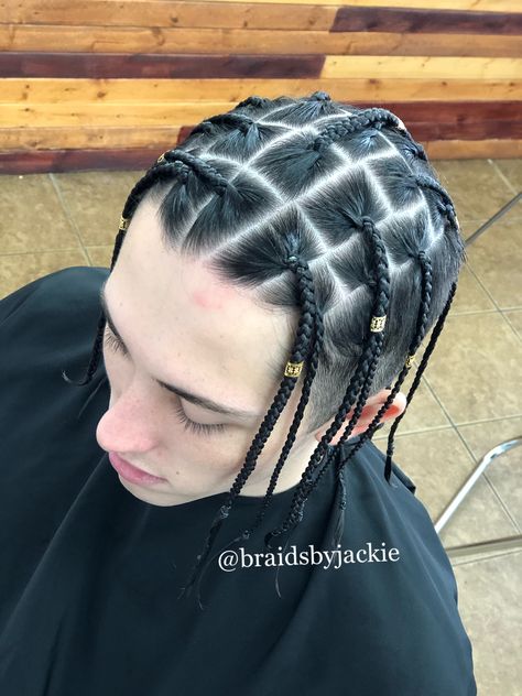 Box Plaits Men, White Men Braids, Box Braids Man, Masc Box Braids, White Boy Braids, Medium Plaits Box Braids Men, White Guy With Braids, Men’s Box Braids Long Hair, Box Braids Men