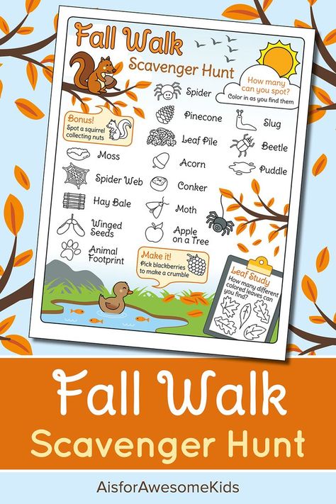 Fall / Autumn Nature Walk Scavenger Hunt Printable available for both UK and US A printable PDF activity page with lots of fall animals, bugs and nature to spot and color in once found Fall Nature Walk, Walk Scavenger Hunt, Nature Scavenger Hunt For Kids, Nature Walk Scavenger Hunt, Fall Scavenger Hunt, Nature Scavenger Hunt, Animal Footprints, Fall Nature, Scavenger Hunt For Kids