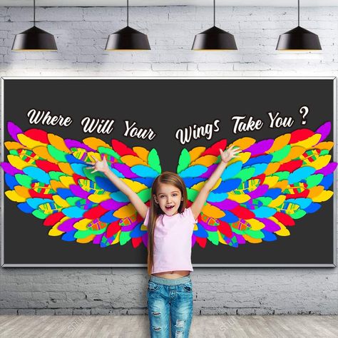 PRICES MAY VARY. 【 Unique Wings Bulletin Board Set 】You will receive letter cut-outs for the words " Where Will Your Wings Take You? ". 112 x rainbow feathers, 24 x colorful feathers, 200 x glue dots. 【 Inspiring and Eye Catching 】Where Will Your Wings Take You bulletin board with wings made of indiviually cut and decorated feathers, Vibrant motivational cutouts features an assortment of eye-catching colors that celebrate our achievements that our 'wings' have helped lift us up to. 【 Thoughtful Smile Bulletin Board Ideas, Back To Preschool Bulletin Boards, School Hallway Themes, Wings Bulletin Board, Door Decor School, Bulletin Board Sayings, Pta Bulletin Boards, Motivational Bulletin Boards, Classroom Decoration Ideas