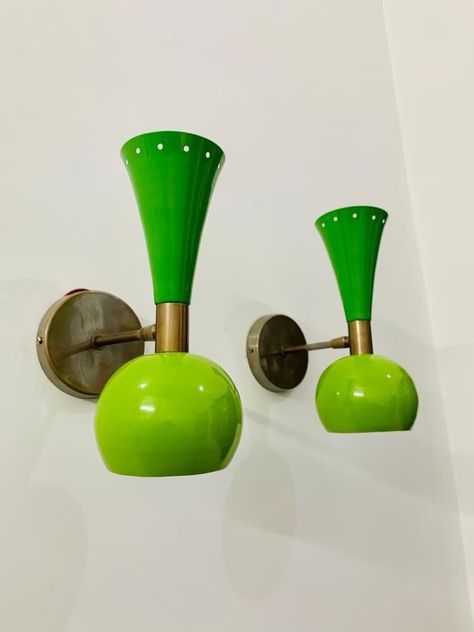 Pair of 1950s Italian Diablo Wall Sconce Shiny Green 1950's Mid Century Brass Italian Diabolo Wall Sconce Light Fixture Bulb Mid Century Lighting, Antique Chandelier, Mid Century Wall, Ceiling Canopy, Hand Craft, Wall Fixtures, Wall Light Fixtures, Brass Material, Sloped Ceiling