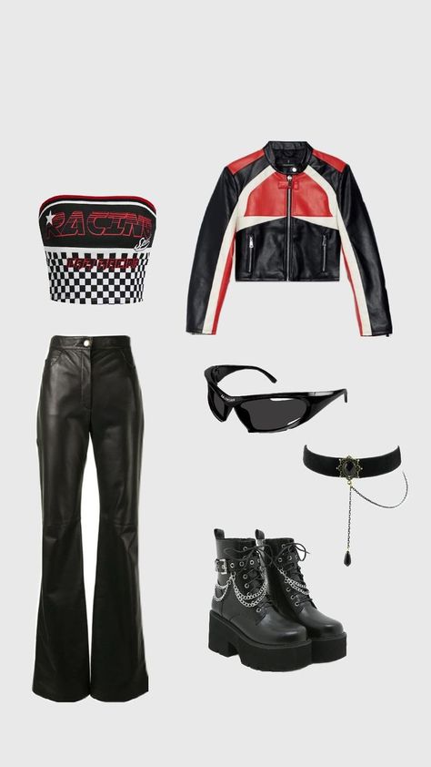 Biker outfit Street Racer Aesthetic Outfit, Biker Outfit Women, Biker Girl Aesthetic Outfits, Biker Outfit Ideas, Motorcycle Outfits For Women, Bikers Outfit, Biker Girl Style, Bee Outfit, Biker Girl Outfits