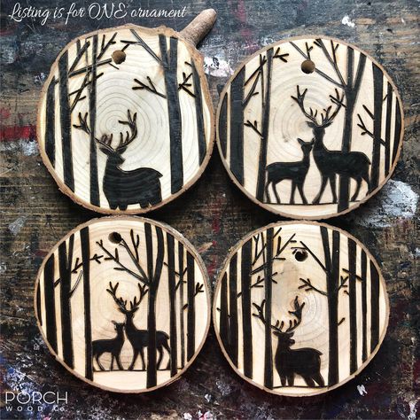 Woodland Deer Wood Slice Holiday Ornament, Personalizable Ornament from Porch Wood Co. Barn Wood Art, Porch Wood, Winter Wreath Diy, Deer Gifts, Wood Slice Art, Woodland Deer, Deer Ornament, Wood Burning Crafts, Wood Burning Art