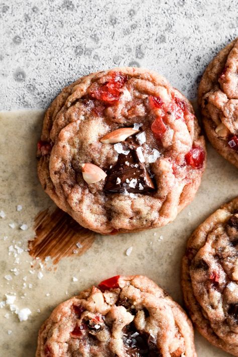 Cherry & Almond Chocolate Chip Cookies Chocolate Cherry Amaretto Cookies, Chewy Cherry Cookies, Chocolate Cherry Almond Cookies, Cherry Chocolate Chunk Cookies, Gluten Free Cherry Cookies, Cherry Almond Chocolate Cookies, Cherry Almond Desserts, Cherry Amaretto Cookies, Cherry Almond Chocolate Chip Cookies