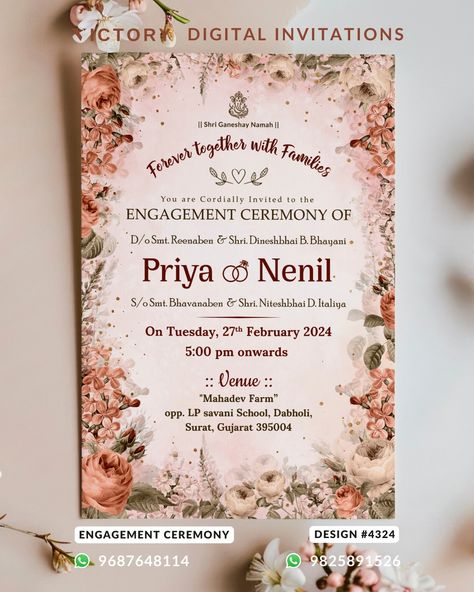 Announce your engagement with Victory's stylish invitations! 💍 Let us help you share the news with a beautifully crafted invitation that captures the tradition of your special moment. ✨💌 Order Now: Call / WhatsApp: +91 9687648114 / +91 9825891526 Engagement ceremony invitation card in english language with flowers, leaves as floral theme design 4324 The floral Theme of Engagement ceremony digital invitation card in pastel orange background color. This e-invite is available in English lang... English Wedding Invitation Card, Engagement Invitation Message, Engagement Ceremony Invitation Card, Pastel Orange Background, Engagement Invitation Card Design, Ceremony Invitation Card, Engagement Stage, Digital Invitation Card, Engagement Stage Decoration