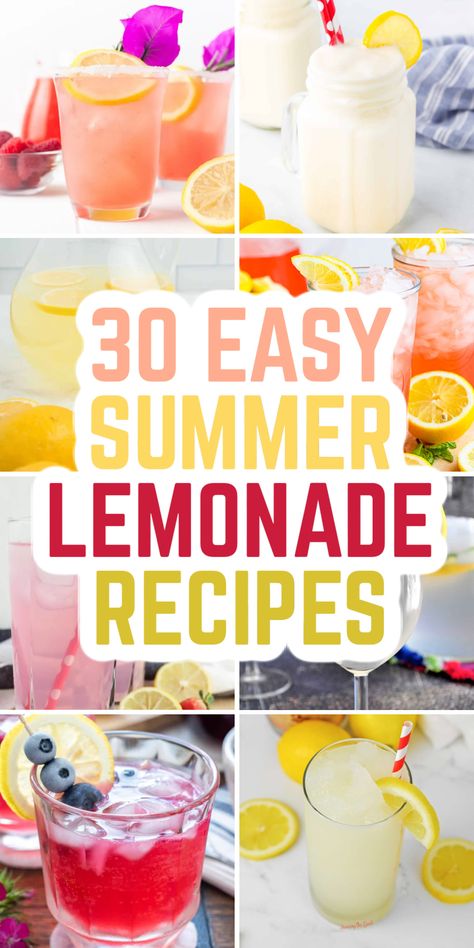 Finding a refreshing and easy summer drink that everyone loves can be tough. These 30 lemonade recipes are perfect for cooling down on hot days. Save this pin to have a variety of delicious lemonade options at your fingertips! Quench your thirst with a delightful lemonade variation perfect for any summer day. Easy lemonade, fresh lemonade, homemade lemonade recipes, party lemonade, frozen lemonade recipes, how to make lemonade at home, flavored lemonade recipes, easy summer drinks. Yummy Lemonade Recipes, Home Made Lemonade Recipe Easy, Party Lemonade Recipe, Lemonade Flavors Recipes, Lemonade Drinks Nonalcoholic, Carnival Lemonade Recipe, Lemonade Punch Recipes, Lemonade Variations, Flavored Lemonade Recipes