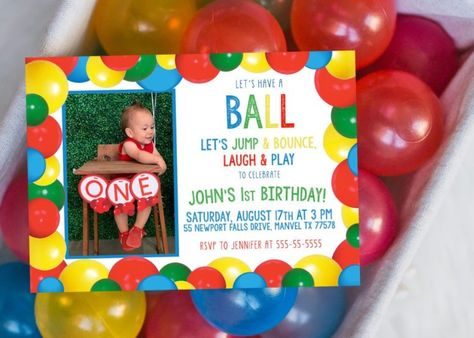 Let's Have A Ball Party Invitation with Photo  #letshaveaball #ballparty #bouncyballparty #ballpartyinvitation #itsaballtobeone #itsaballtobetwo Balls Theme Birthday Party, Having A Ball Birthday Theme, Ball Themed Birthday Party Boys, Have A Ball Birthday Party, Let’s Have A Ball Birthday Party, Bouncy Ball Birthday, Ball Theme Birthday, Picture Invitations, Ball Birthday Parties