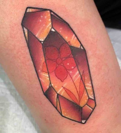 Geometric Crystal Tattoo, Neotraditional Crystal Tattoo, Gem Chest Tattoo, Crystal Tattoo Color, Diamond Shaped Tattoo, Bahamut Tattoo, Quartz Crystal Tattoo, Small Coloured Tattoos, Gem Stone Tattoo