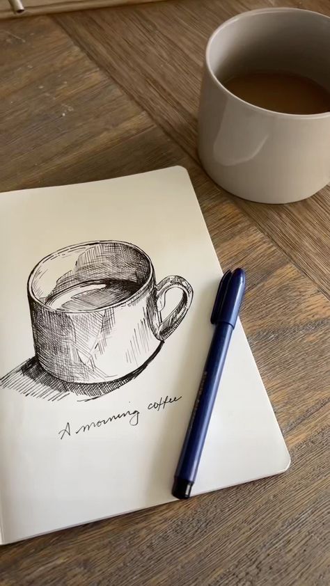 Sketchbook Pencil Drawings, Coffee Cup Sketch, Drawing Aesthetic Sketchbook, Coffee Draw, Sketching Aesthetic, Coffee Sketch, Drawing Coffee, Doodle Sketchbook, Sketchbook Artist