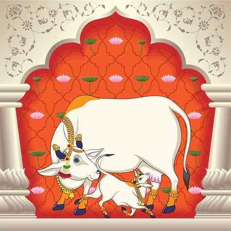 Cow Calf Wallpaper, Pichwai Paintings Cow And Calf, Pichwai Cow And Calf, Cow And Calf Painting, Cow Mural, Calf Painting, Cow With Calf, Kalamkari Design, Mughal Garden