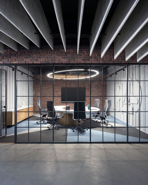 ACME Offices - Mohali | Office Snapshots Exposed Ceiling Office, Factory Office Design, Modern Industrial Office Design, Workspace Design Office, Engineering Office, Modern Industrial Office, Industrial Office Space, Factory Office, Exposed Ceilings