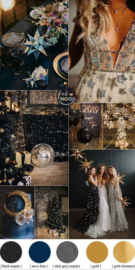 Celestial Wedding Theme, Blue Gold Wedding, Starry Night Wedding, Gold Wedding Colors, Black Gold Wedding, New Years Eve Weddings, Wedding Colour, Celestial Wedding, Palette Inspiration