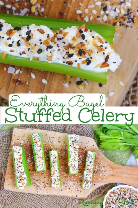 These Everything Bagel Stuffed Celery Snacks are a tasty 4 ingredient snack or appetizer made with celery, cream cheese, greek yogurt, and homemade Everything Bagel Seasoning.  These simple celery snacks look fancy but come together in just minutes for a tasty low-carb, keto, gluten-free and low-calorie snack everyone will love. Cucumber Cream Cheese And Everything Bagel Seasoning, Snacks With Celery, Low Calorie Celery Snacks, Celery Cream Cheese Appetizers, Celery And Cream Cheese, Keto Celery Snacks, Healthy Celery Snacks, Celery Recipes Snacks, Celery Cream Cheese